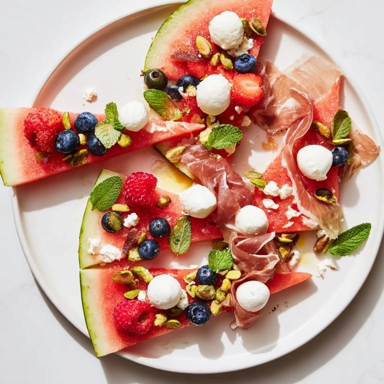 A close-up of a refreshing Watermelon Slice Charcuterie, perfect for summer entertaining, with fresh fruit.