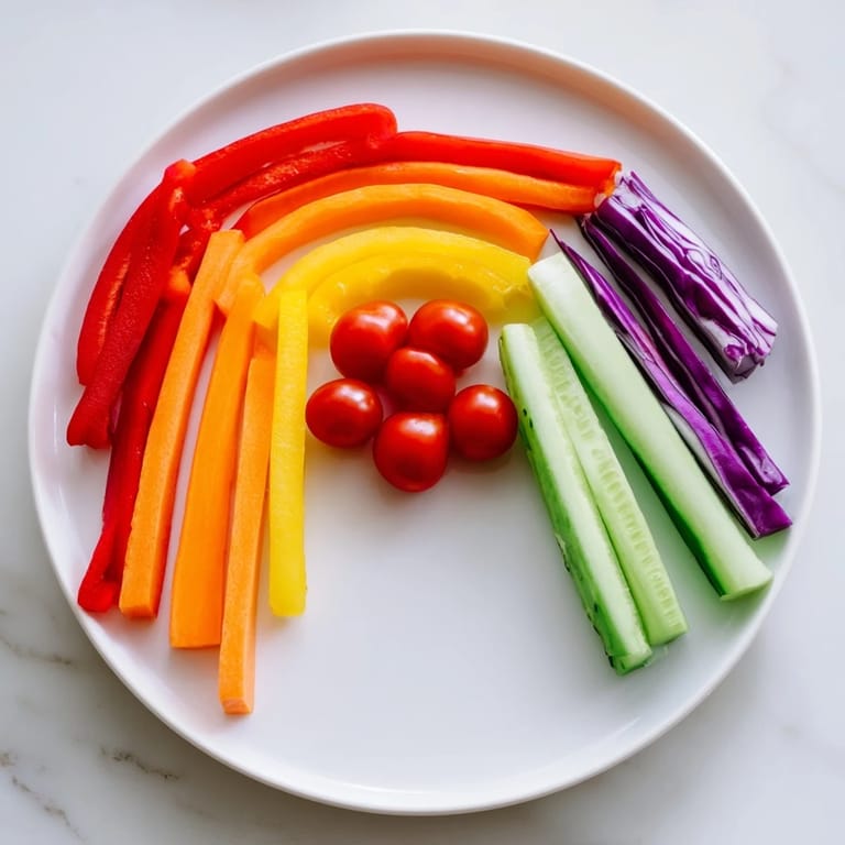 Bright veggie sticks arranged in a rainbow arch, a tempting and visually appealing snack platter, great for parties.