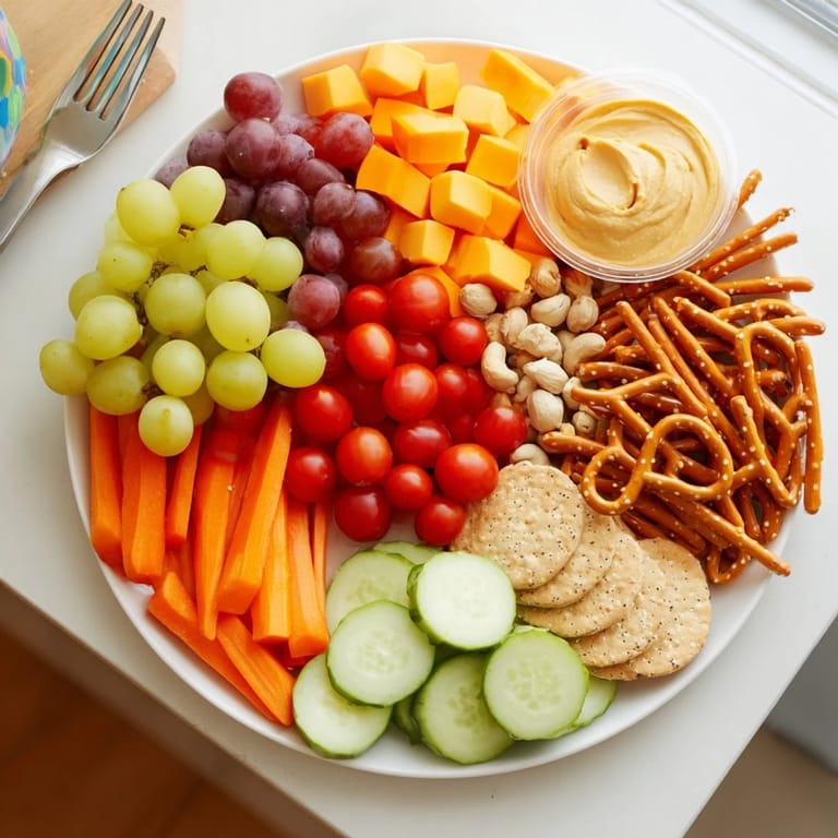 A colorful Road Trip Snack Platter with fresh fruit, cheese, and crunchy snacks, ready to eat.