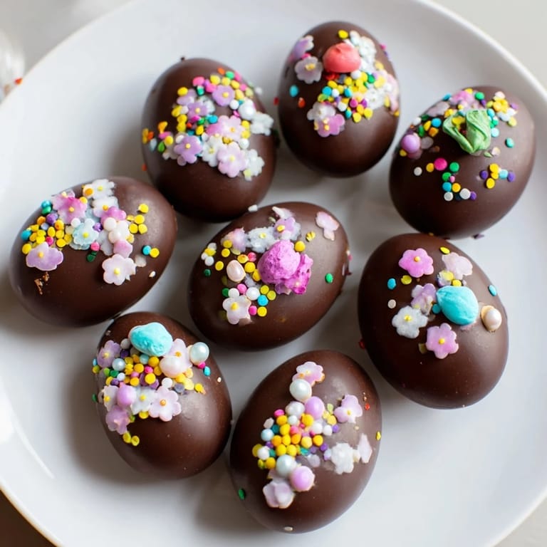 Delightful close-up of homemade Easter candy eggs, drizzled with chocolate and colorful sprinkles.