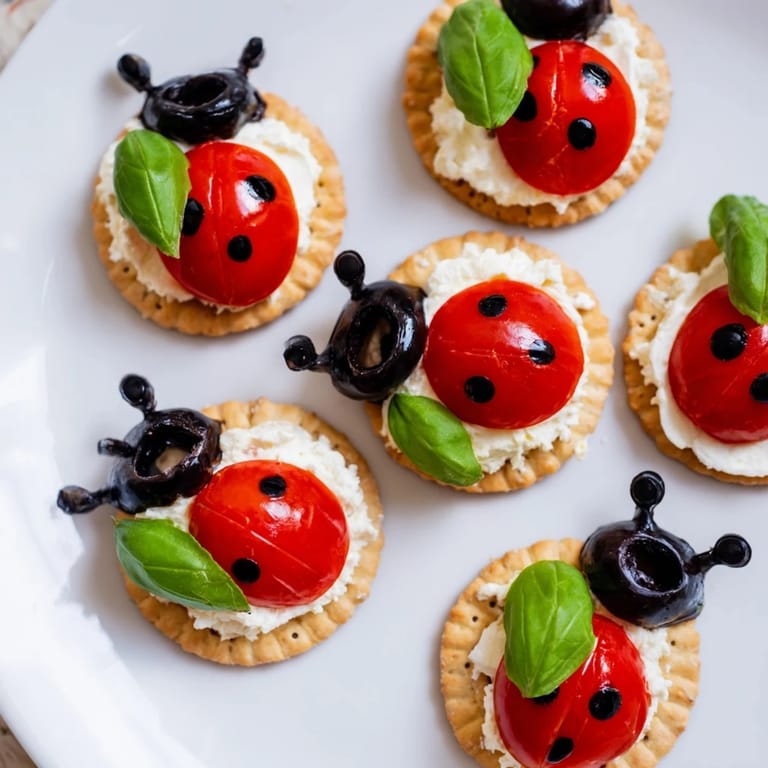 Vibrant Ladybug Tomato & Olive Bites atop crackers, a super fun and healthy garden snack!