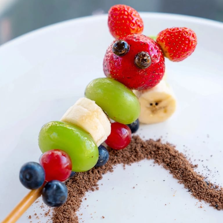 Vibrant Caterpillar Fruit Skewer Track: Skewered fruits form adorable caterpillars on a chocolate cookie track, ready to eat.