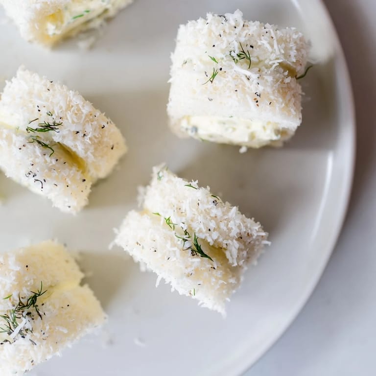 Enjoy these easy Snowball Tea Sandwich Bites; creamy filling enveloped in sweetened coconut flakes.