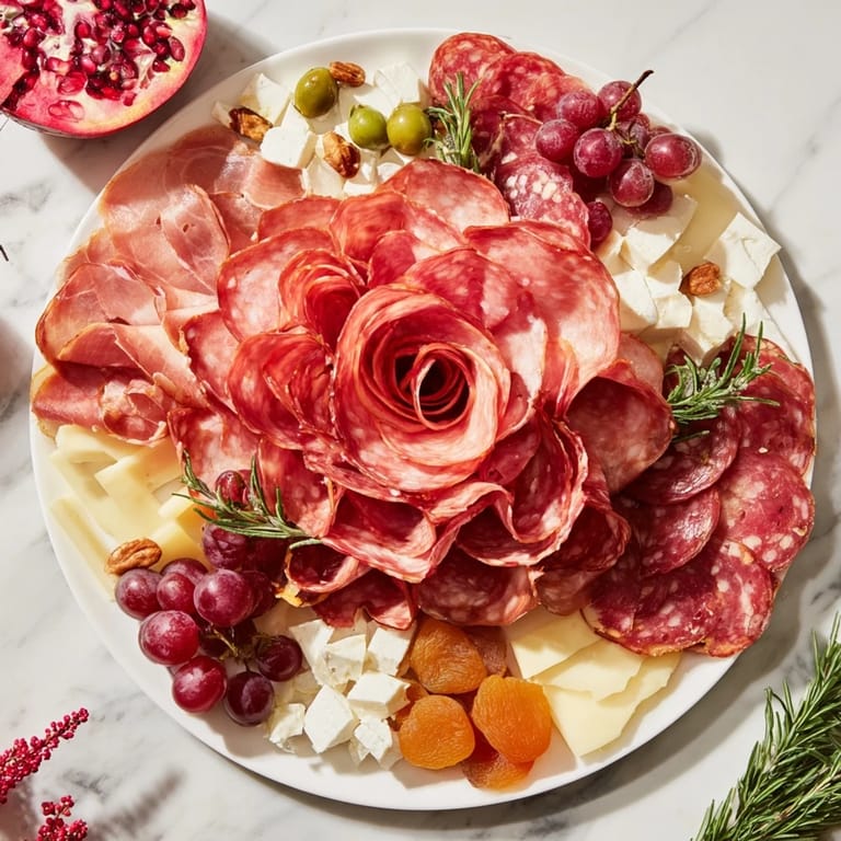Elegant charcuterie board featuring a meat rose bouquet, cheese, and grapes, ready to serve.