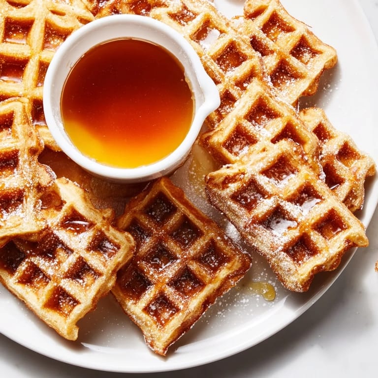 Freshly made waffle quarters served with syrup and berries, a delightful American breakfast.