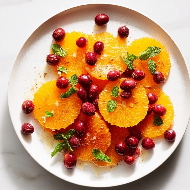 Fresh orange slices and cranberries scattered on a platter, a simple winter fruit salad recipe.