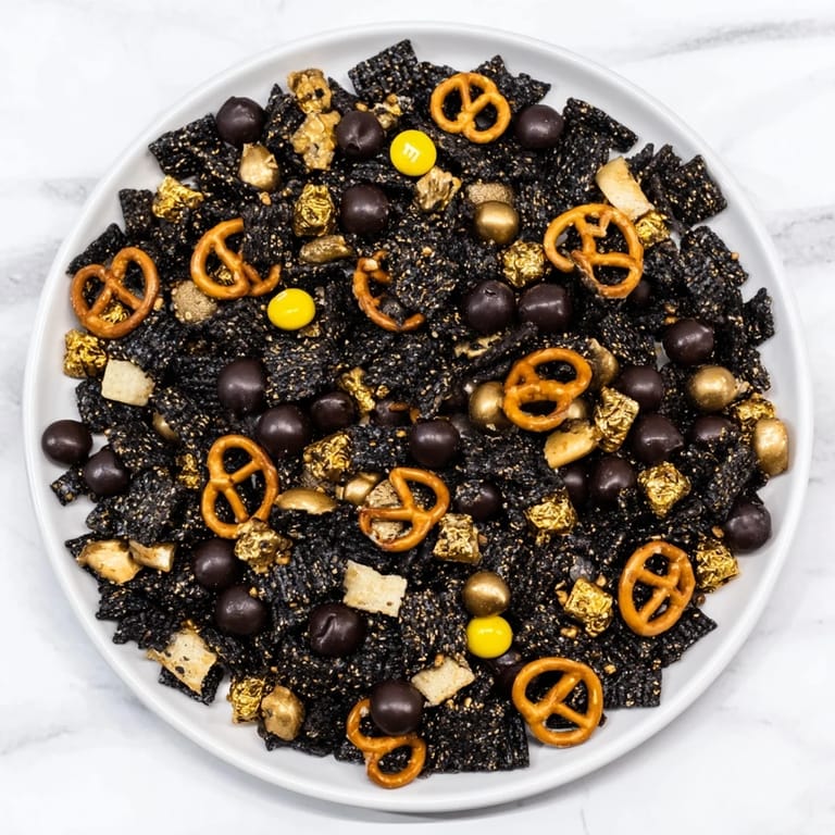 Close-up of a festive Gold and Black Midnight Snack Mix; perfect for a New Year's Eve party!