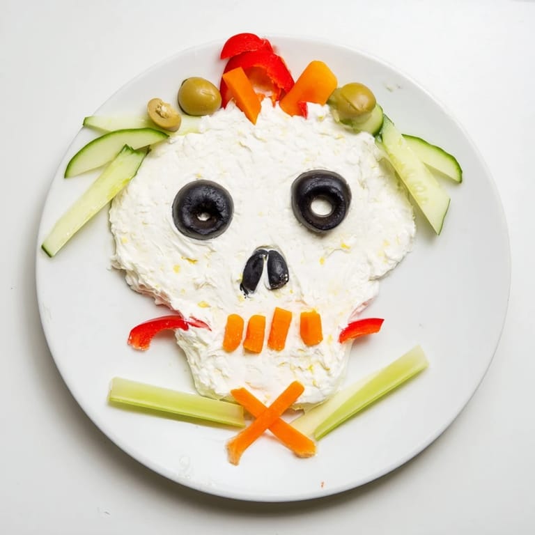 A delicious Skull & Bones Spooky Spread, artfully decorated with olives, peppers, and carrots for fun Halloween eating.