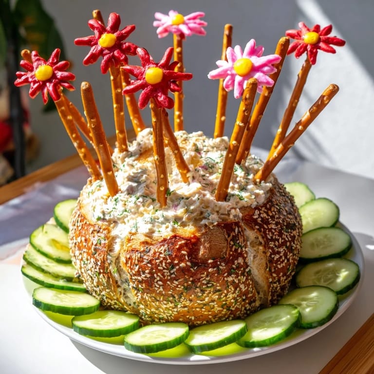 Appetizing The Desert Cactus Bloom appetizer shows pretzel needles and fruit leather flowers arranged on bread.