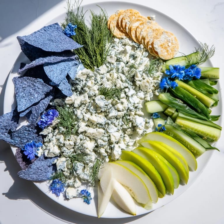 Vibrant Deep Sea Ocean Wave appetizer ready to eat, including blue corn chips and various fresh greens.