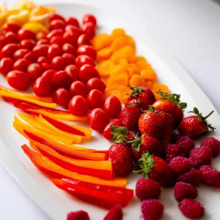 Fresh, vibrant Rainbow Pride Spectrum ingredients displayed: tomatoes, berries, and colorful bell pepper strips.