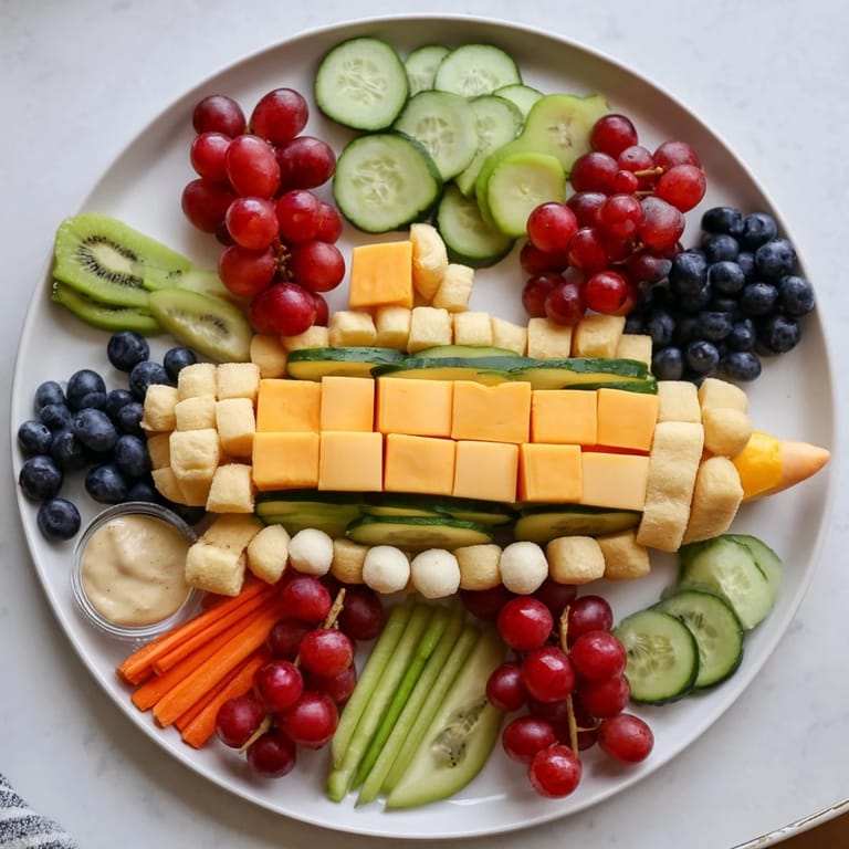 Visualize the exciting Spaceship Launch Snack Board with vibrant fruits, cheese, and crunchy pretzels.