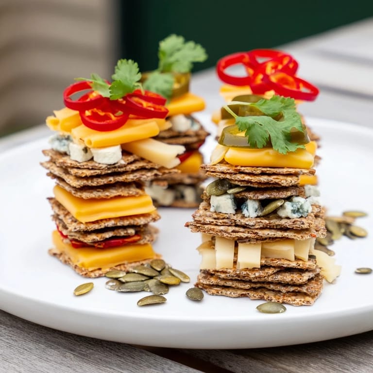 Appetizing view of the Southwest Mesa, featuring cheese towers with spicy peppers and fresh cilantro.