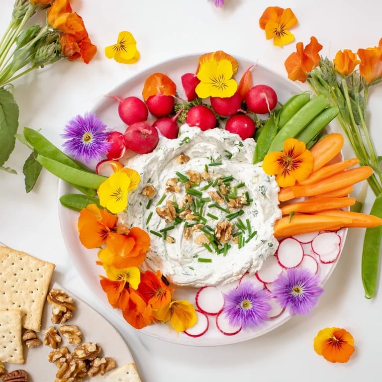 Enjoy this stunning fairy garden platter, showcasing edible flowers and creamy dips for a party.
