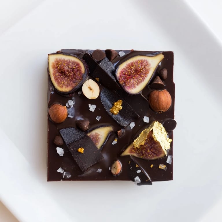 "A close-up of the beautiful Midnight Mosaic dessert, with chocolate, figs, and olives in perfect display."