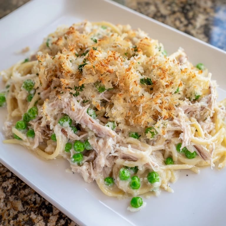 Golden-brown Turkey/Chicken Tetrazzini, a pasta bake full of chicken, peas, and a rich, creamy sauce.