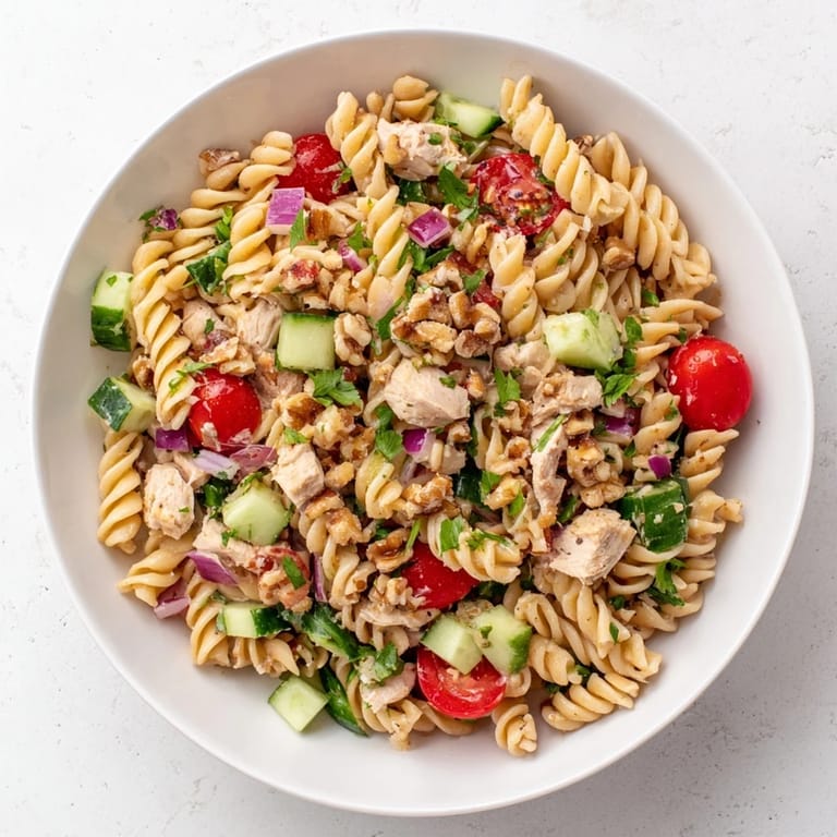 A close-up view of the Pasta Salad with Cranberry Vinaigrette displays tender chicken and a tangy, flavorful vinaigrette.