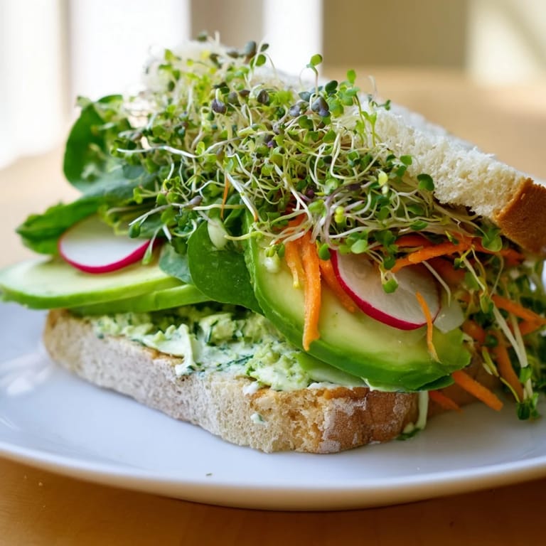 Delectable Green Goddess sandwich, showcasing layers of colorful veggies and vibrant green sauce.