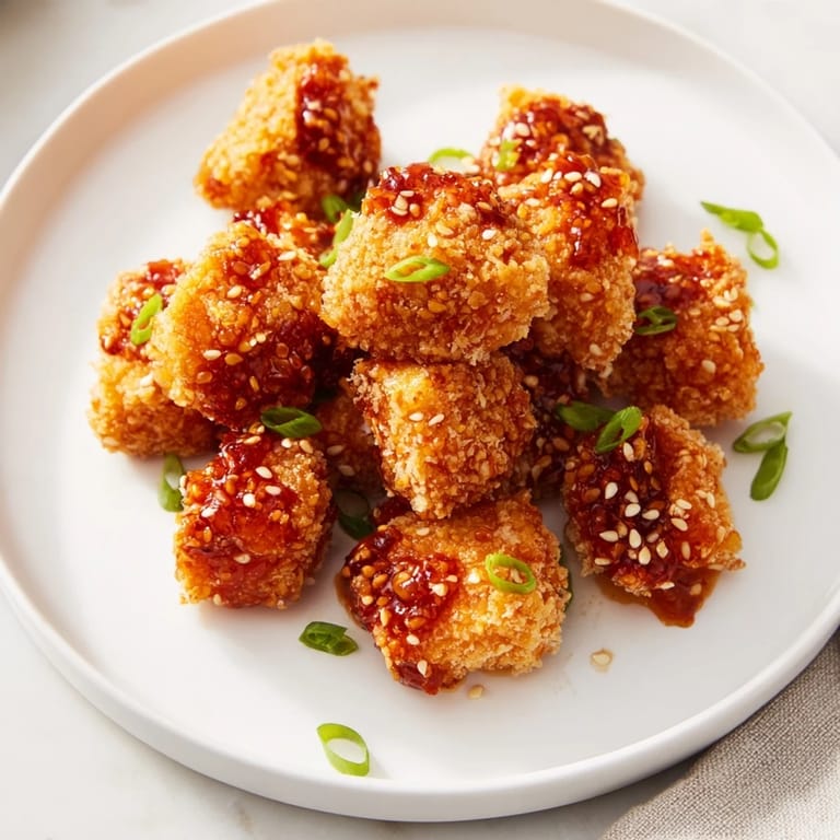 Close-up of golden brown Honey-Sriracha Chicken Bites, perfect for game day or a flavorful snack.