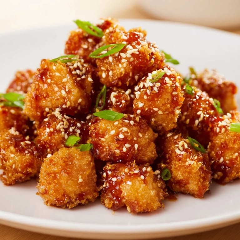 Sticky, flavorful Honey-Sriracha Chicken Bites, tossed in a vibrant sauce and ready for serving.
