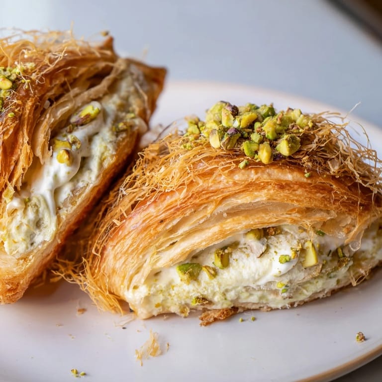 A close-up of a Pistachio Cream Croissant reveals layers of cream and a golden, crispy topping.