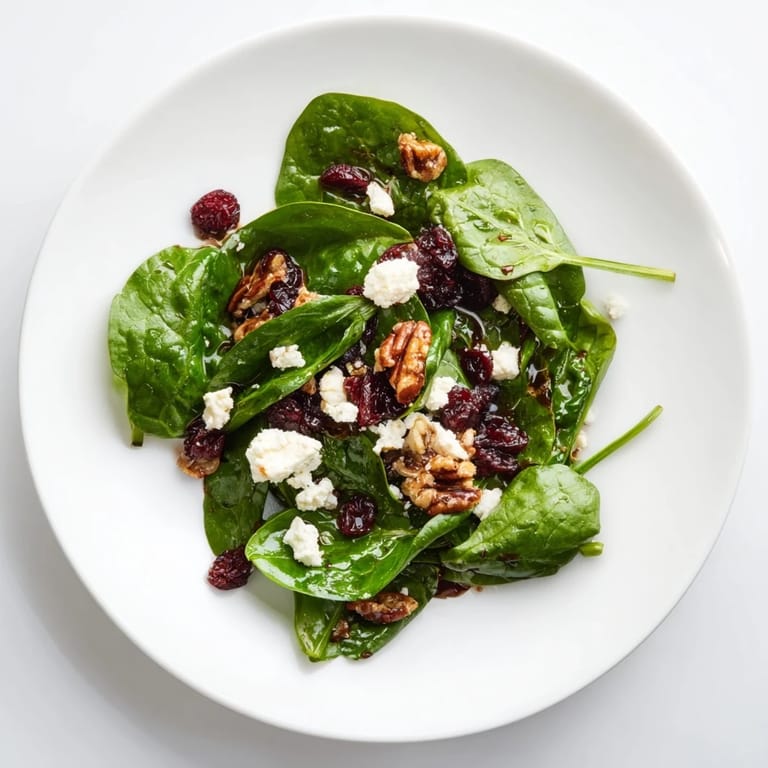 Ein heller, appetitanregender Spinat Ziegenkäse Salat mit goldbraunen Pekannüssen und süßen Cranberries auf rustikalem Holzteller angerichtet.