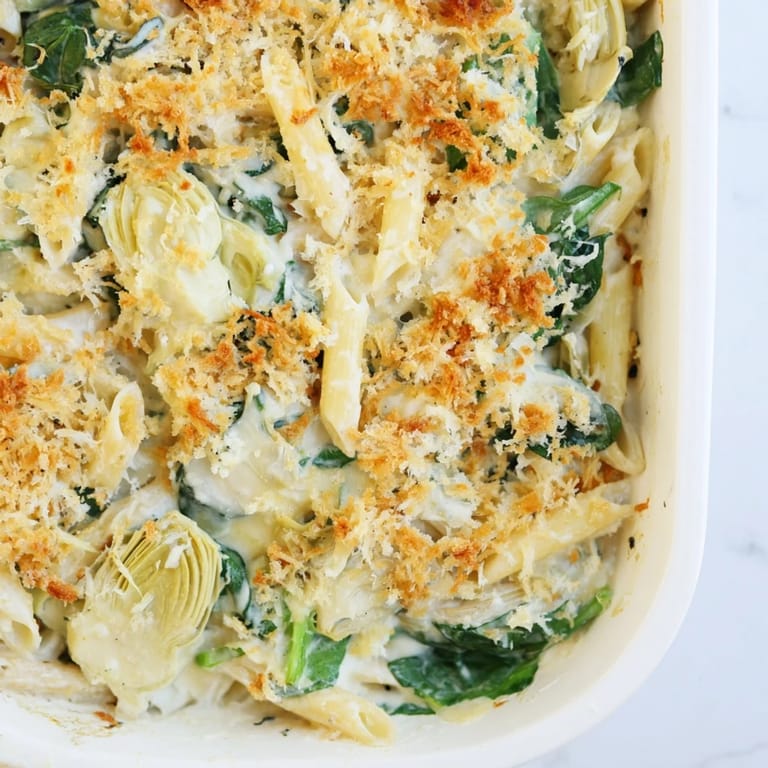 Sättigende Artichoke Pasta Bake für 4 Personen, serviert mit knuspriger Butterschrotdecke und goldenem Käse überzogen