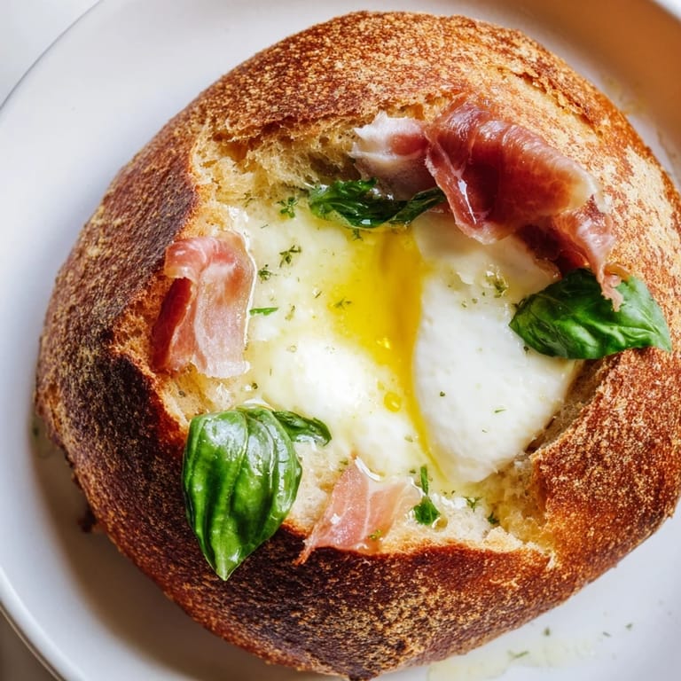 A close-up of a golden-brown grilled cheese sandwich with crispy prosciutto and oozing burrata.