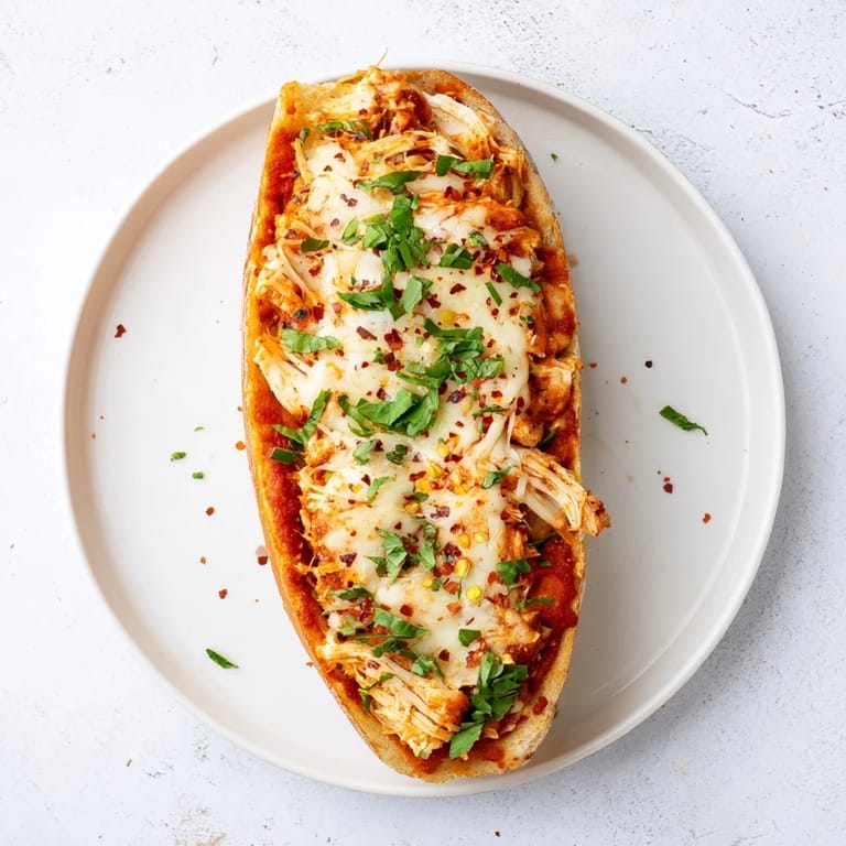 Goldenes Knoblauchbrot mit geschmolzenem Käse und saftiger Hähnchen-Füllung, perfekt für ein gemütliches Abendessen.