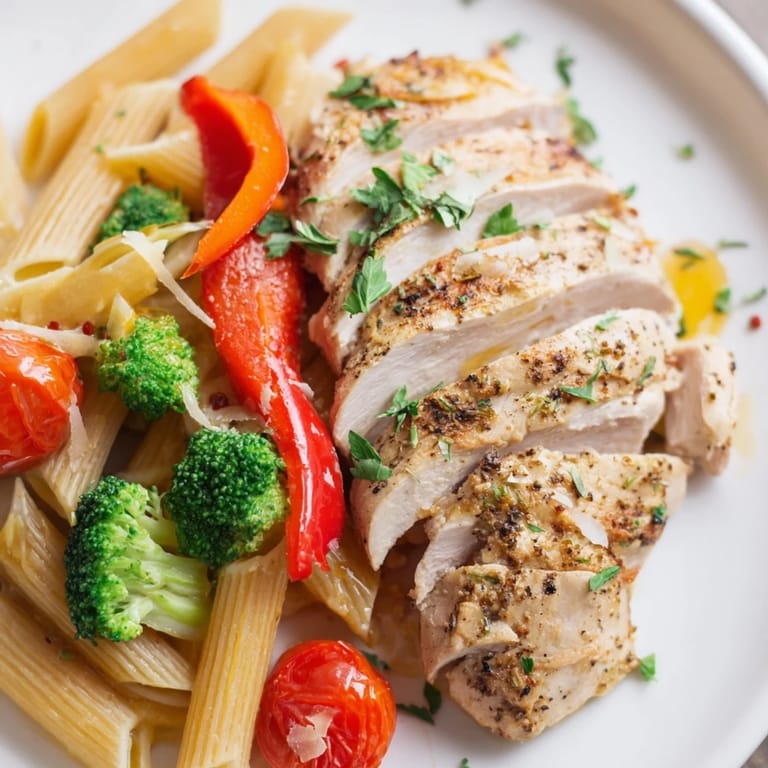 Frisch gebackene Garlic Herb Chicken & Veg Pasta mit Parmesan und Petersilie garniert.