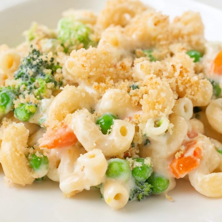 Duftende Garden Veg Mac and Cheese aus dem Ofen mit zarten Erbsen und Brokkoli.