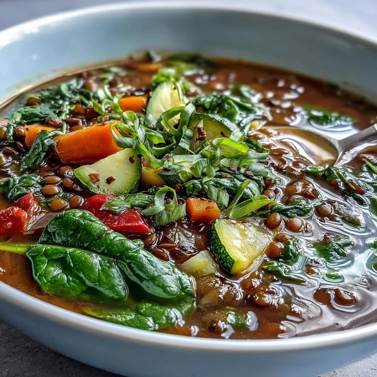 Schüssel mit nahrhafter Linsen-Gemüsesuppe, garniert mit Petersilie.