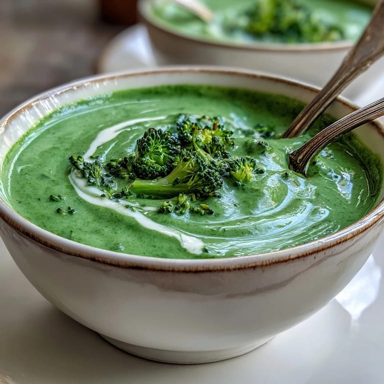 A comforting bowl of Creamy Broccoli Soup, paired with a grilled cheese sandwich for a cozy lunch.