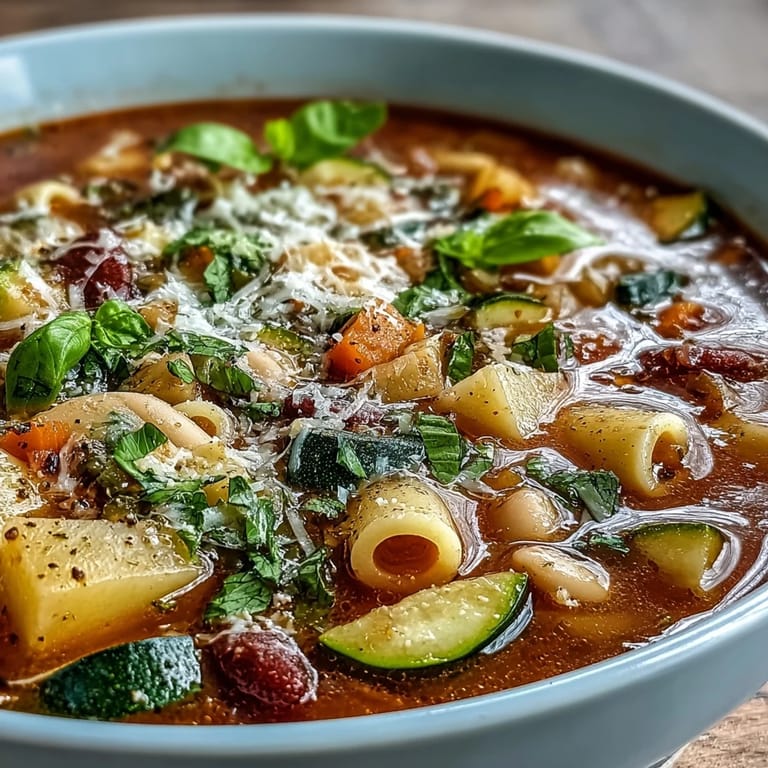 Eine dampfende Schale Minestrone Gemüsesuppe, ein köstliches und nahrhaftes Gericht.
