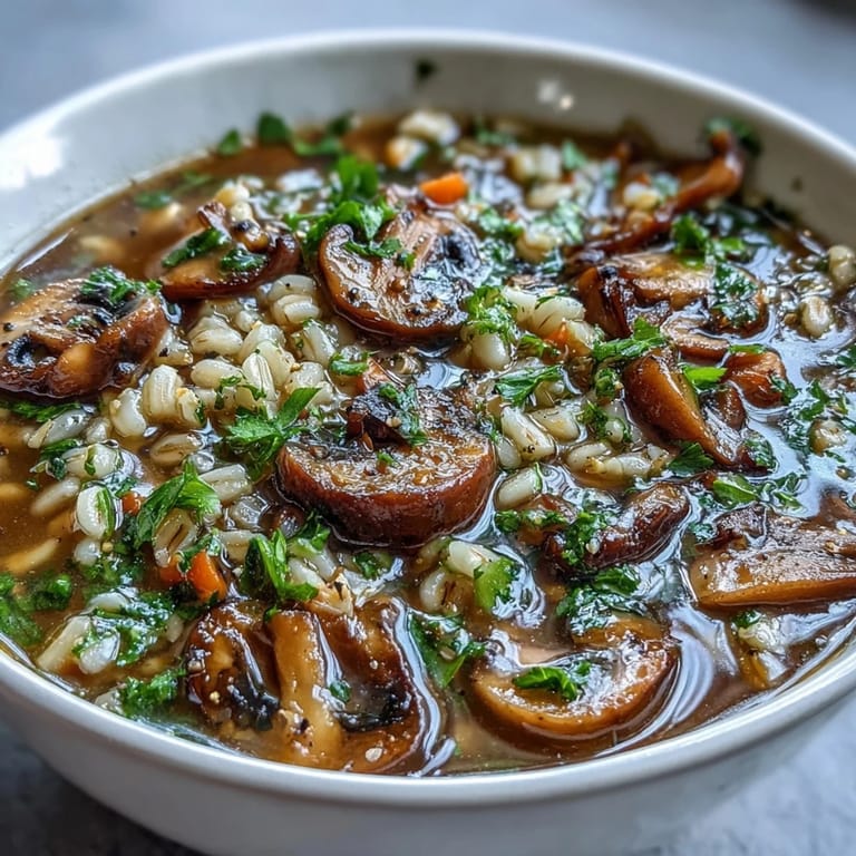 Genießen Sie den erdigen Pilz-Gersten-Eintopf, garniert mit frischer Petersilie und einem Spritzer Zitrone.