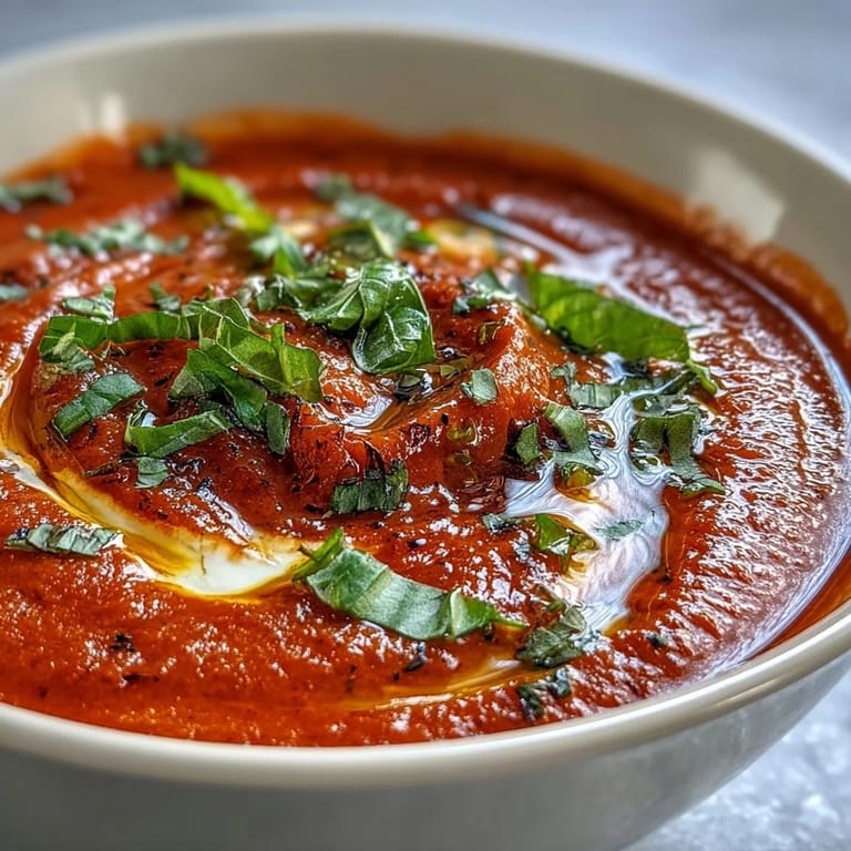 Silky smooth tomato and basil soup topped with olive oil, served alongside a grilled cheese sandwich.