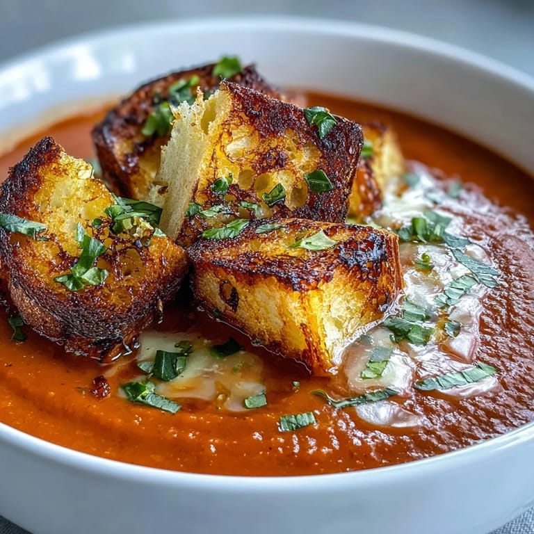 Hausgemachte, samtene Tomatensuppe, perfekt garniert mit knusprigen Croutons für Gemütlichkeit.