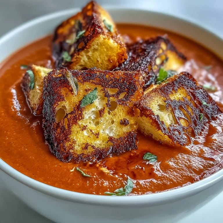 Eine herzhafte, geröstete Tomatensuppe mit würzigen Croutons, servierfertig im Schmortopf.