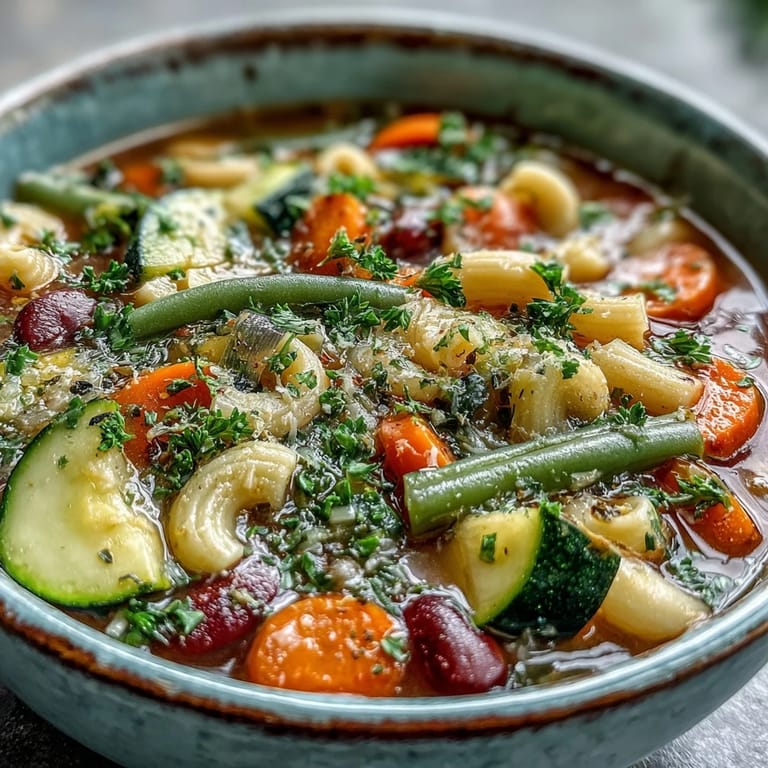 A warm bowl of Minestrone Vegetable Soup, brimming with cannellini beans and ditalini pasta, topped with Parmesan and parsley.
