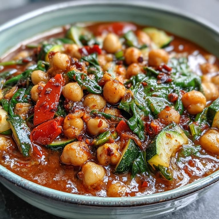 Vibrant Chickpea Stew with spinach and colorful vegetables, perfect for a cozy dinner.