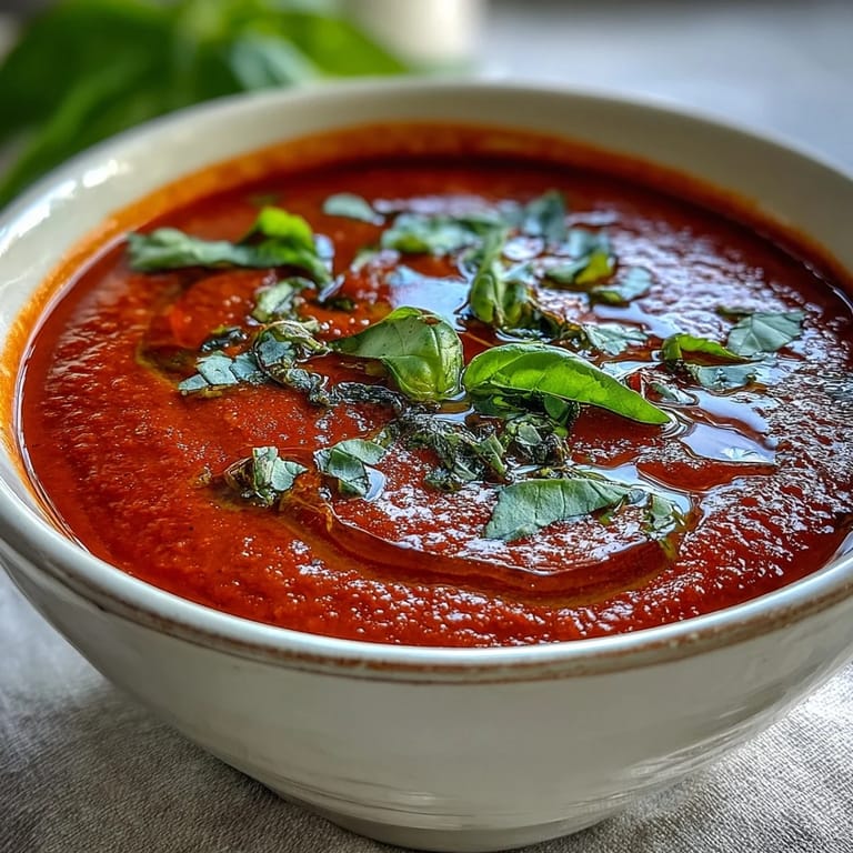 Italian-style Tomato and Basil Soup, rich and smooth, sprinkled with fresh basil and black pepper for a comforting meal.