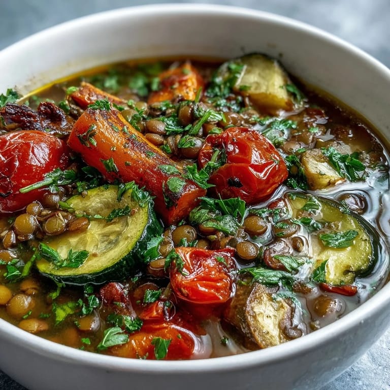 Scharf geröstetes Gemüse für die Lentil and Vegetable Soup auf einem Backblech, leicht karamellisiert.