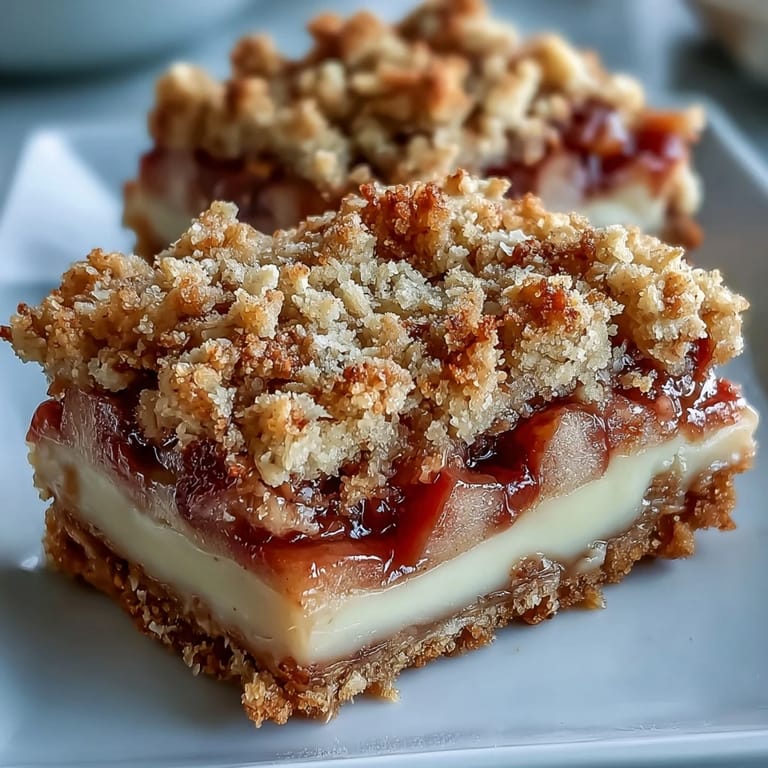 Frisch gebackene Rhubarb and Custard Crumble Bars mit tangigem Rhabarber und goldener Crumble-Oberseite, nebeneinem Glas Milch.