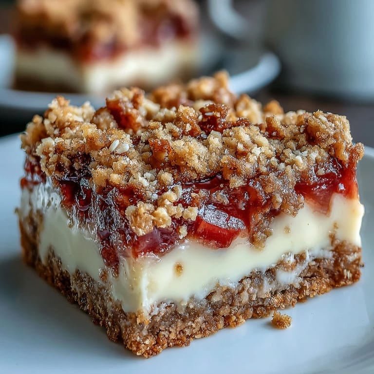 Sommerliche Rhubarb and Custard Crumble Bars mit Puderzucker bestreut, serviert als süßer Nachmittagssnack auf Tellern.