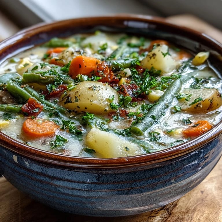 Warme Amish Snow Day Soup mit bunten Gemüsestücken und Kräutern in holzigem Topf