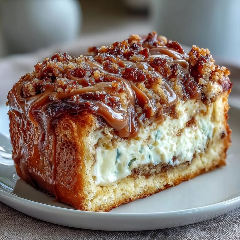 A cooling loaf of Caramel Cream Cheese Bread drizzled with caramel sauce on a rack.