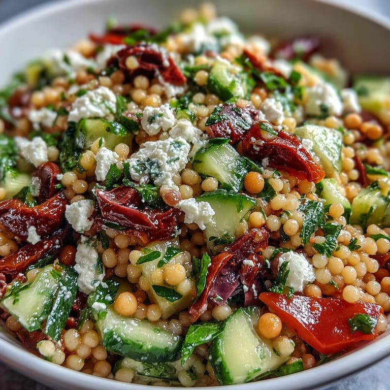 A colorful bowl of Mediterranean Pearl Couscous topped with crumbled feta and fresh parsley, ready to serve for a vegetarian meal.