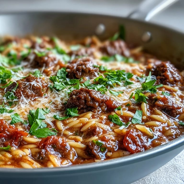 Comforting Ground Beef Orzo Dinner served steaming from the pan alongside a crisp green salad for an easy weeknight meal.