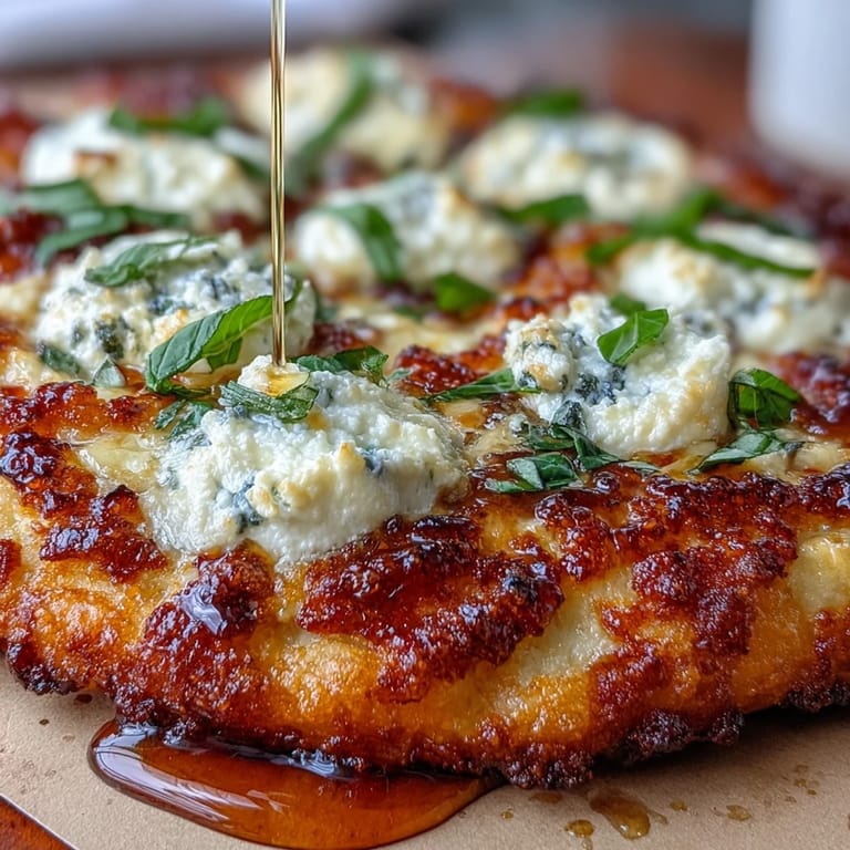 Die heiße Pizza wird mit glänzendem, scharfem Honig beträufelt und mit frischen Basilikumblättern garniert.