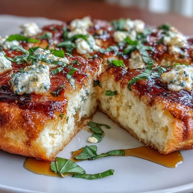 Dieses Hot Honey Ricotta Pizza wird nach dem Backen mit Honig beträufelt und mit frischem Basilikum garniert.